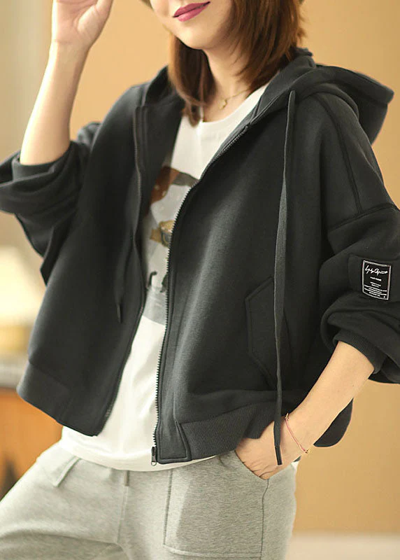 Mélodie - Veste à capuche noire avec poches zippées pour l'automne